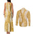 Gold Puakenikeni and Maile Lei Couples Matching Tank Maxi Dress and Long Sleeve Button Shirt Hawaiian Style Tribal Tapa Double Strand Lei