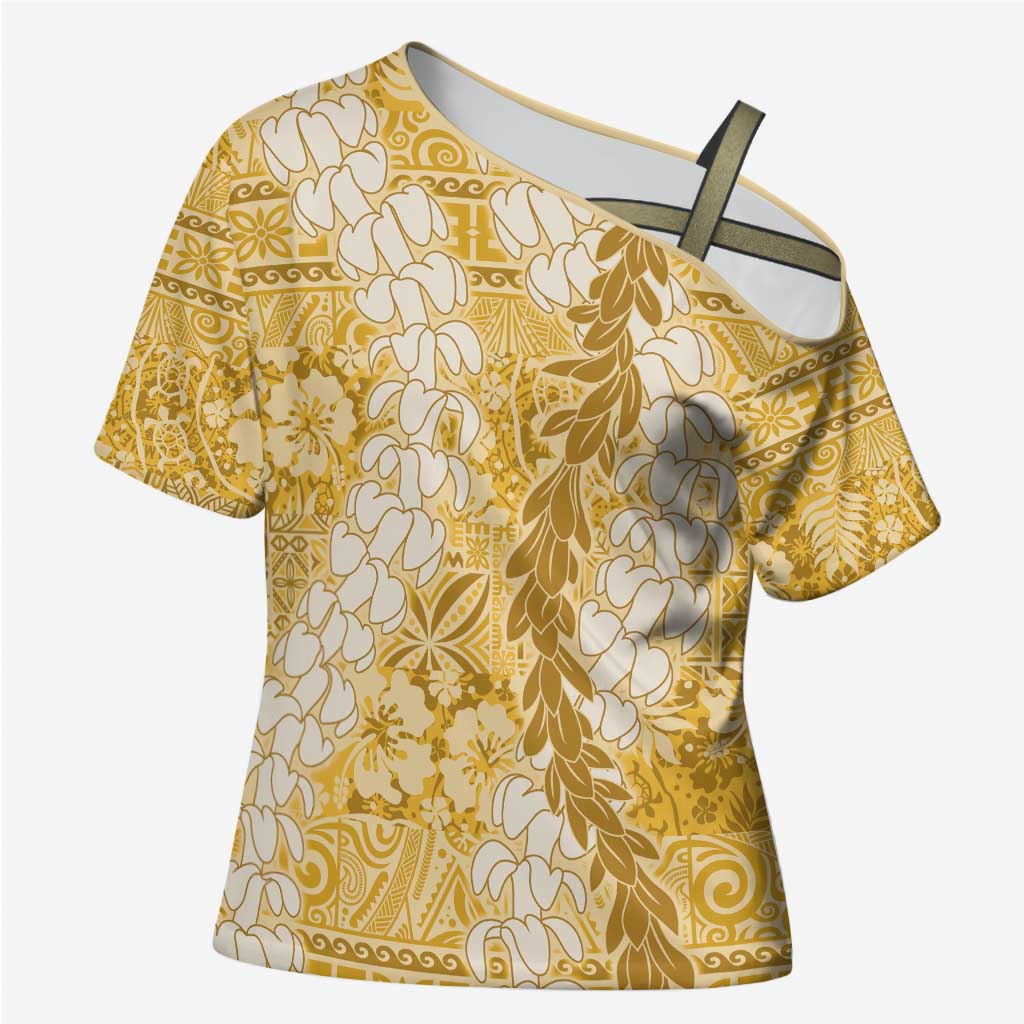 Gold Puakenikeni and Maile Lei Cross Shoulder Shirt Hawaiian Style Tribal Tapa Double Strand Lei - Polynesian Pride