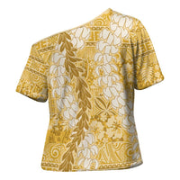 Gold Puakenikeni and Maile Lei Cross Shoulder Shirt Hawaiian Style Tribal Tapa Double Strand Lei - Polynesian Pride