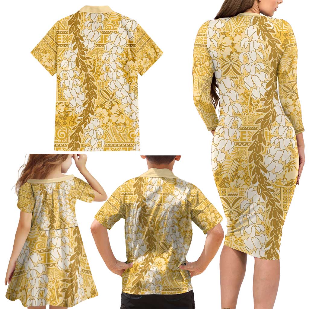 Gold Puakenikeni and Maile Lei Family Matching Long Sleeve Bodycon Dress and Hawaiian Shirt Hawaiian Style Tribal Tapa Double Strand Lei