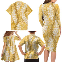 Gold Puakenikeni and Maile Lei Family Matching Long Sleeve Bodycon Dress and Hawaiian Shirt Hawaiian Style Tribal Tapa Double Strand Lei