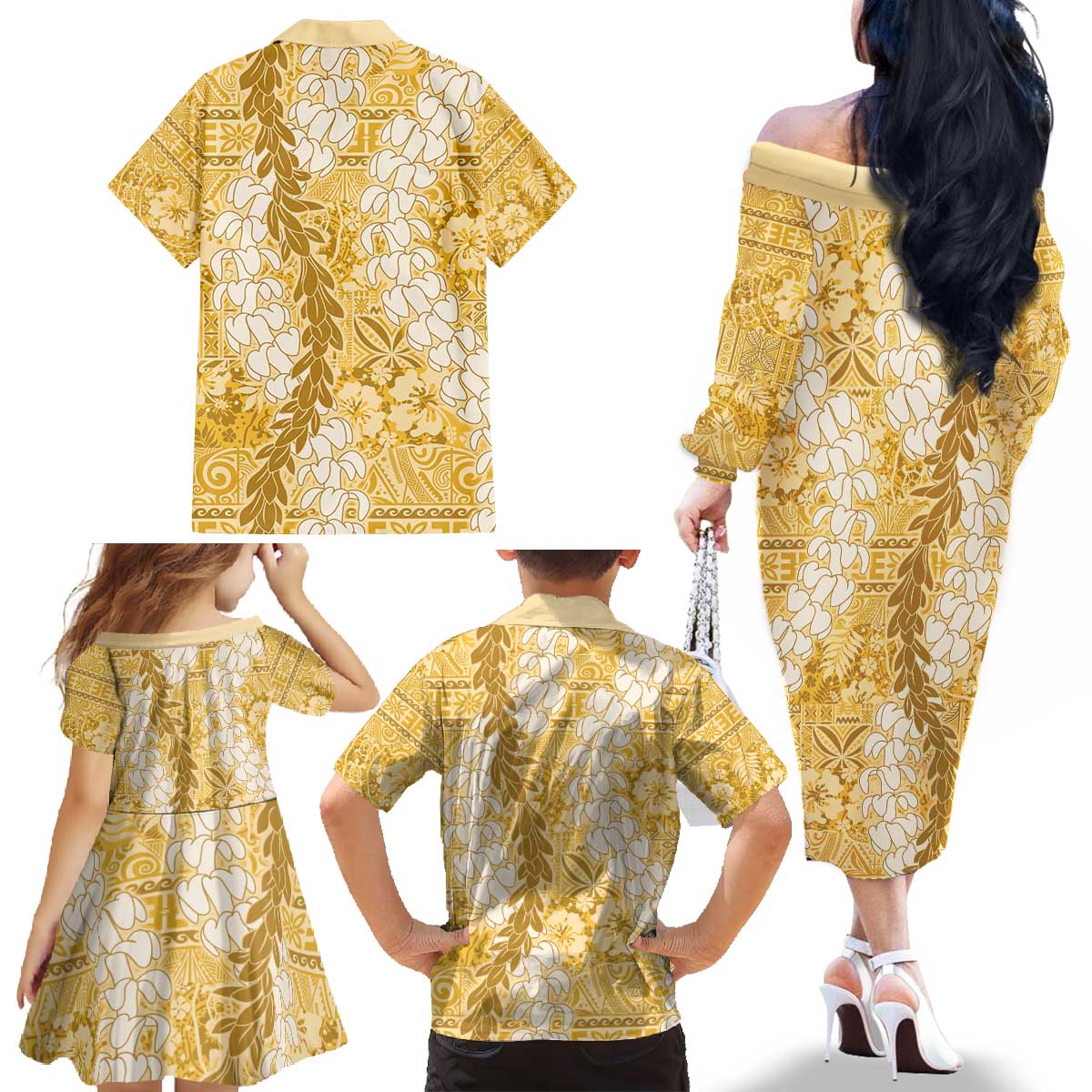 Gold Puakenikeni and Maile Lei Family Matching Off The Shoulder Long Sleeve Dress and Hawaiian Shirt Hawaiian Style Tribal Tapa Double Strand Lei