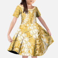 Gold Puakenikeni and Maile Lei Family Matching Off Shoulder Maxi Dress and Hawaiian Shirt Hawaiian Style Tribal Tapa Double Strand Lei