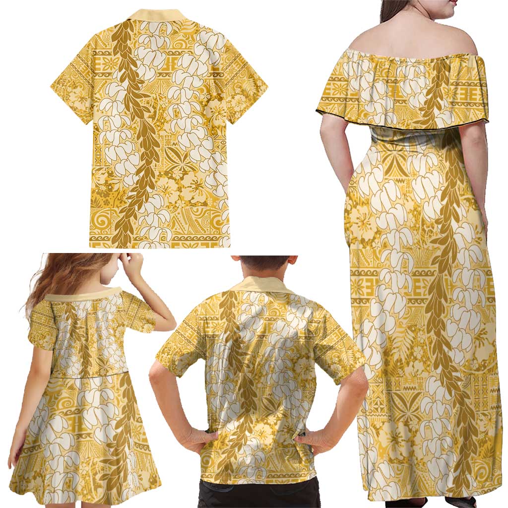 Gold Puakenikeni and Maile Lei Family Matching Off Shoulder Maxi Dress and Hawaiian Shirt Hawaiian Style Tribal Tapa Double Strand Lei