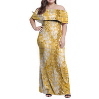 Gold Puakenikeni and Maile Lei Family Matching Off Shoulder Maxi Dress and Hawaiian Shirt Hawaiian Style Tribal Tapa Double Strand Lei