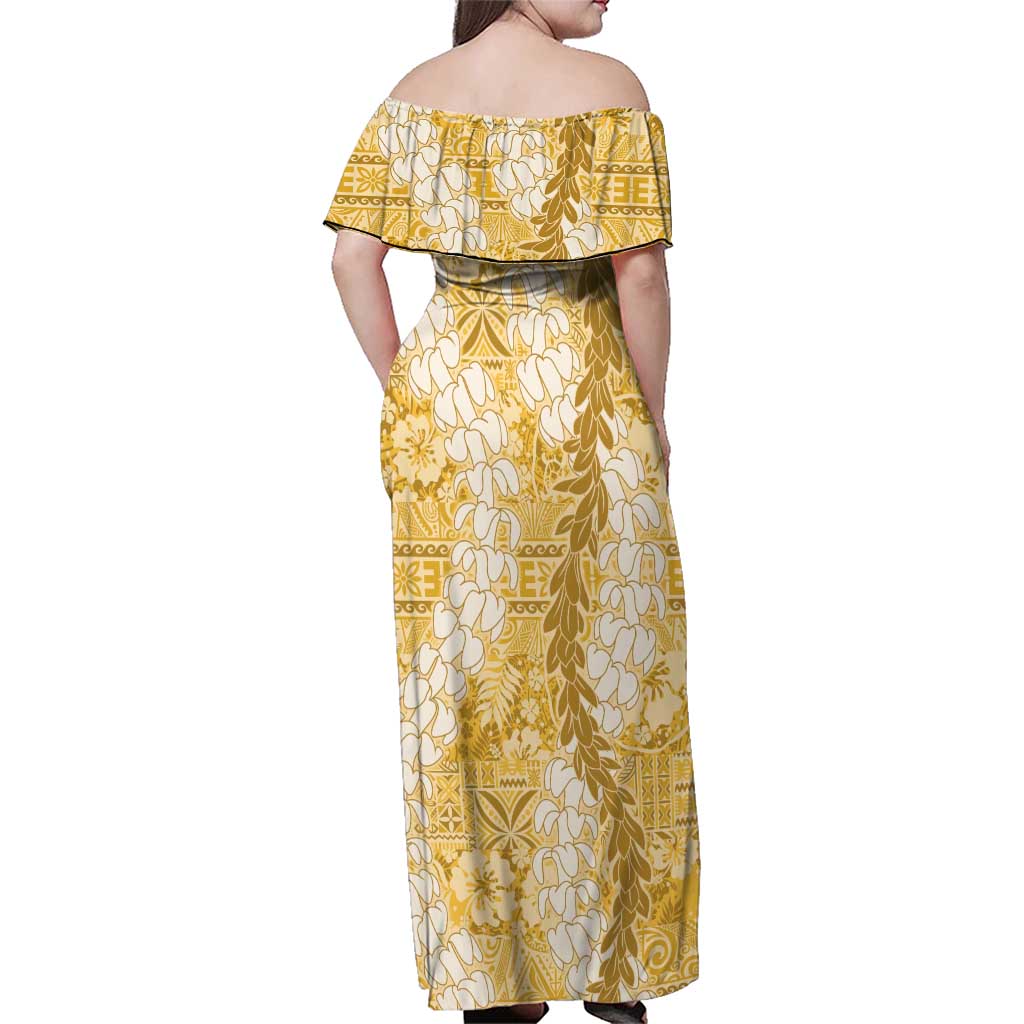 Gold Puakenikeni and Maile Lei Family Matching Off Shoulder Maxi Dress and Hawaiian Shirt Hawaiian Style Tribal Tapa Double Strand Lei