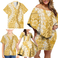 Gold Puakenikeni and Maile Lei Family Matching Off Shoulder Short Dress and Hawaiian Shirt Hawaiian Style Tribal Tapa Double Strand Lei