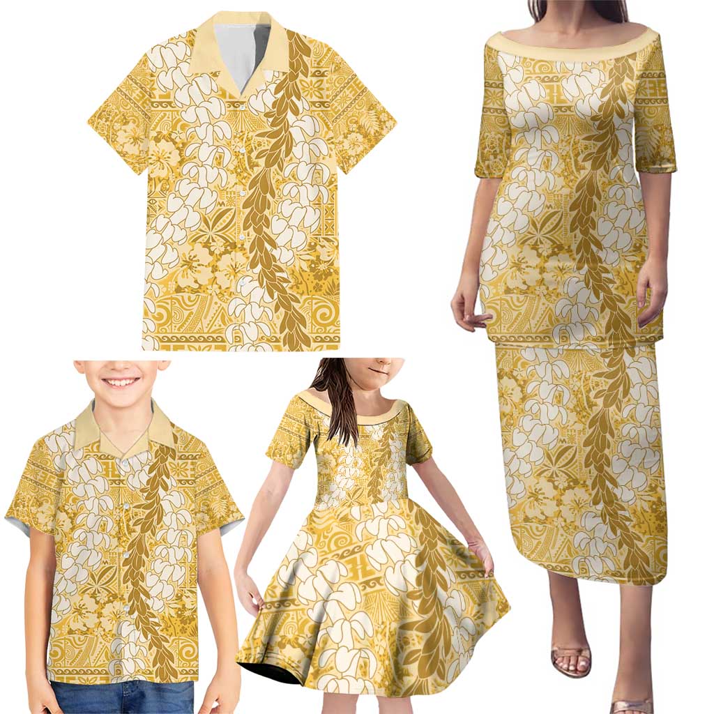 Gold Puakenikeni and Maile Lei Family Matching Puletasi and Hawaiian Shirt Hawaiian Style Tribal Tapa Double Strand Lei