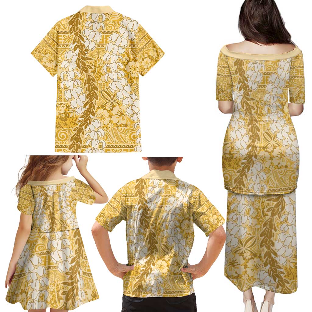 Gold Puakenikeni and Maile Lei Family Matching Puletasi and Hawaiian Shirt Hawaiian Style Tribal Tapa Double Strand Lei