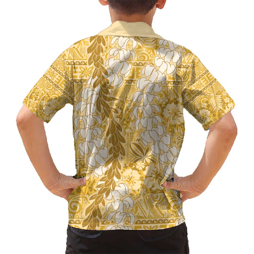 Gold Puakenikeni and Maile Lei Family Matching Short Sleeve Bodycon Dress and Hawaiian Shirt Hawaiian Style Tribal Tapa Double Strand Lei