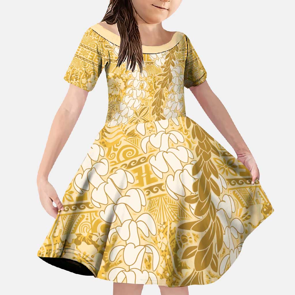 Gold Puakenikeni and Maile Lei Family Matching Short Sleeve Bodycon Dress and Hawaiian Shirt Hawaiian Style Tribal Tapa Double Strand Lei