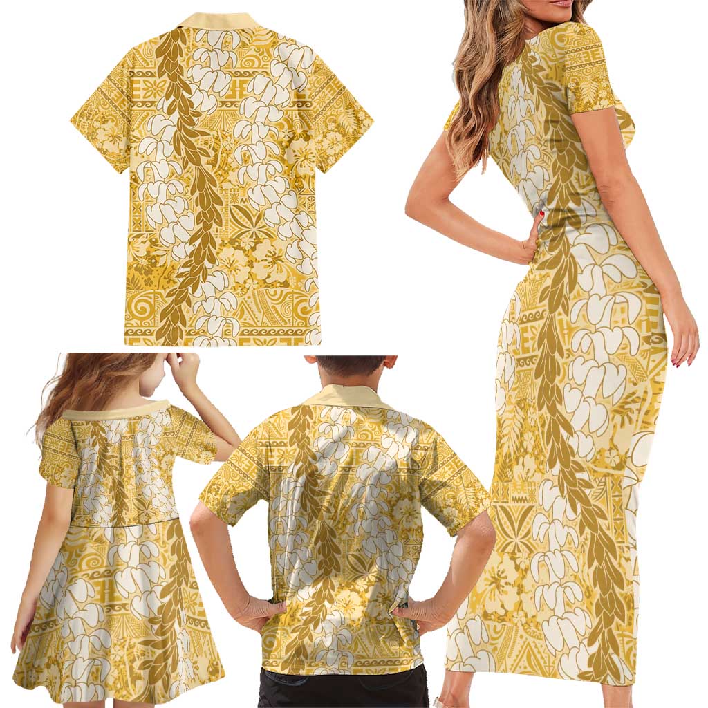 Gold Puakenikeni and Maile Lei Family Matching Short Sleeve Bodycon Dress and Hawaiian Shirt Hawaiian Style Tribal Tapa Double Strand Lei
