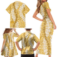 Gold Puakenikeni and Maile Lei Family Matching Short Sleeve Bodycon Dress and Hawaiian Shirt Hawaiian Style Tribal Tapa Double Strand Lei