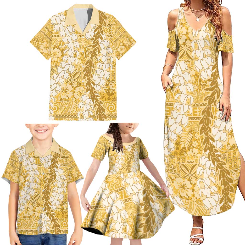 Gold Puakenikeni and Maile Lei Family Matching Summer Maxi Dress and Hawaiian Shirt Hawaiian Style Tribal Tapa Double Strand Lei
