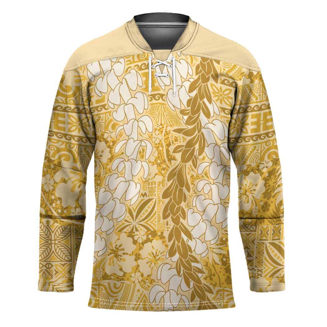 Gold Puakenikeni and Maile Lei Hockey Jersey Hawaiian Style Tribal Tapa Double Strand Lei - Polynesian Pride