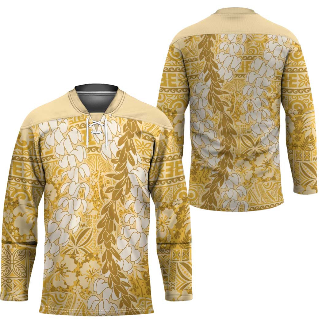 Gold Puakenikeni and Maile Lei Hockey Jersey Hawaiian Style Tribal Tapa Double Strand Lei - Polynesian Pride