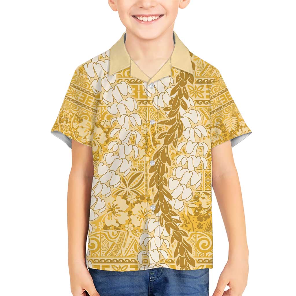 Gold Puakenikeni and Maile Lei Kid Hawaiian Shirt Hawaiian Style Tribal Tapa Double Strand Lei