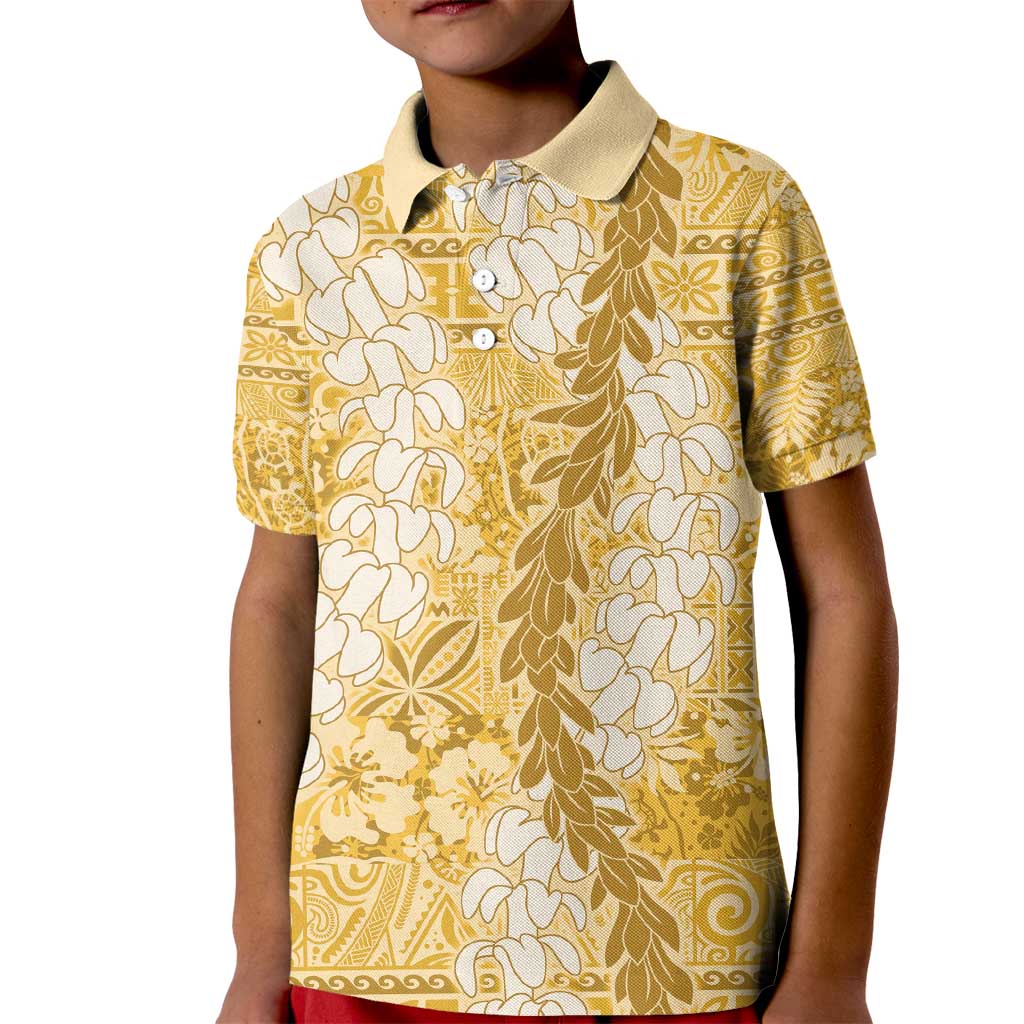 Gold Puakenikeni and Maile Lei Kid Polo Shirt Hawaiian Style Tribal Tapa Double Strand Lei