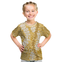 Gold Puakenikeni and Maile Lei Kid T Shirt Hawaiian Style Tribal Tapa Double Strand Lei