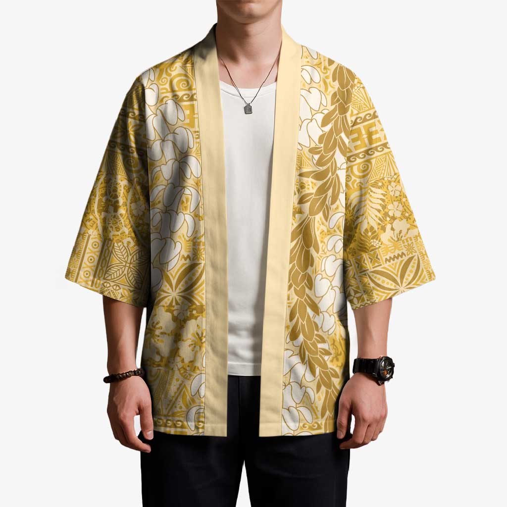 Gold Puakenikeni and Maile Lei Kimono Hawaiian Style Tribal Tapa Double Strand Lei - Polynesian Pride