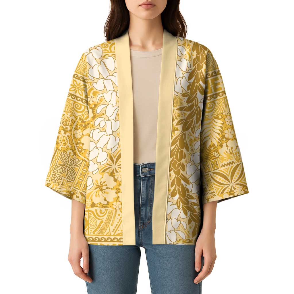 Gold Puakenikeni and Maile Lei Kimono Hawaiian Style Tribal Tapa Double Strand Lei - Polynesian Pride