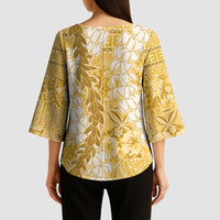 Gold Puakenikeni and Maile Lei Kimono Sleeve Blouse Hawaiian Style Tribal Tapa Double Strand Lei - Polynesian Pride