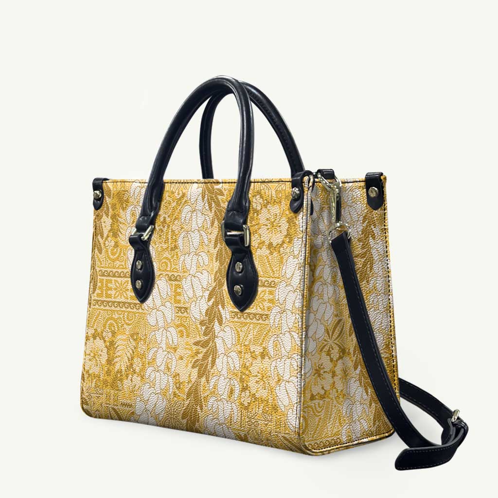 Gold Puakenikeni and Maile Lei Leather Bag Hawaiian Style Tribal Tapa Double Strand Lei - Polynesian Pride