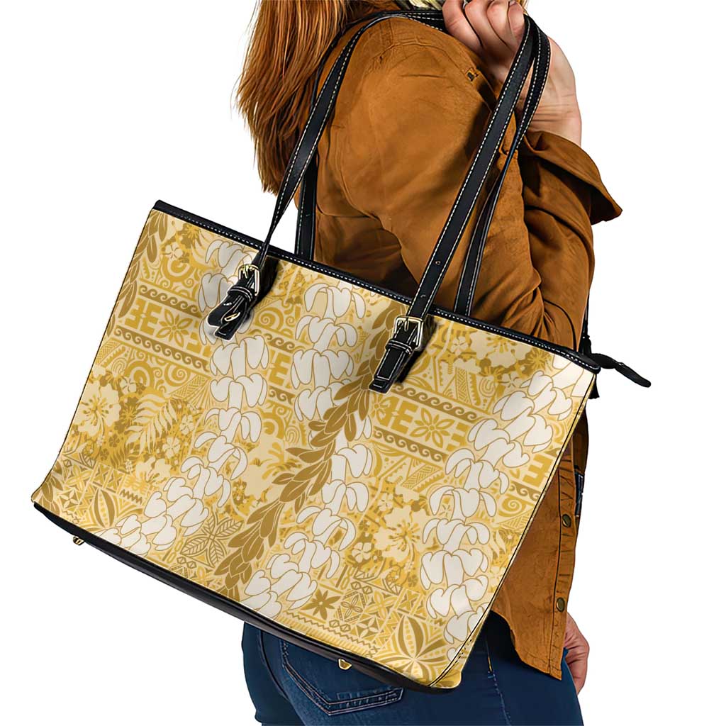 Gold Puakenikeni and Maile Lei Leather Tote Bag Hawaiian Style Tribal Tapa Double Strand Lei