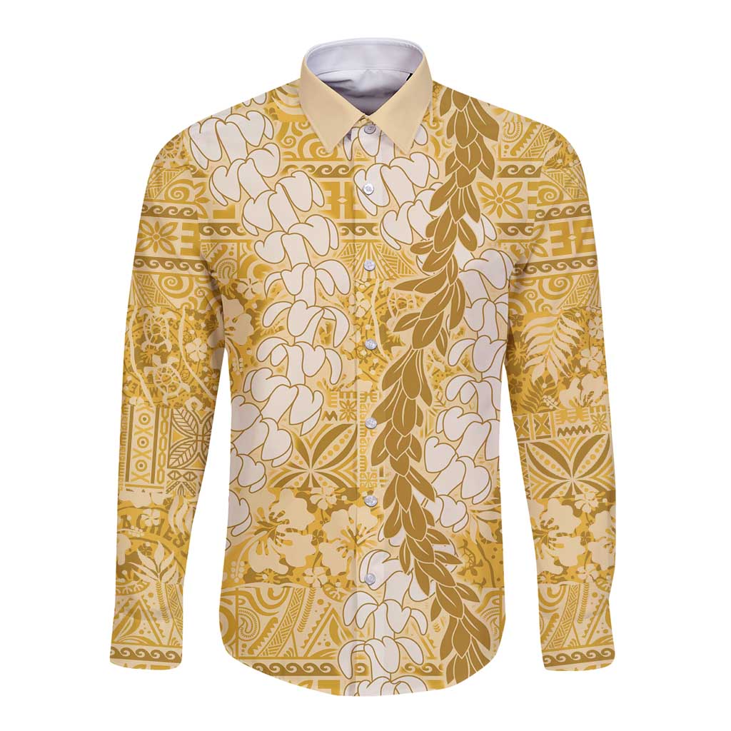 Gold Puakenikeni and Maile Lei Long Sleeve Button Shirt Hawaiian Style Tribal Tapa Double Strand Lei