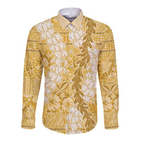 Gold Puakenikeni and Maile Lei Long Sleeve Button Shirt Hawaiian Style Tribal Tapa Double Strand Lei
