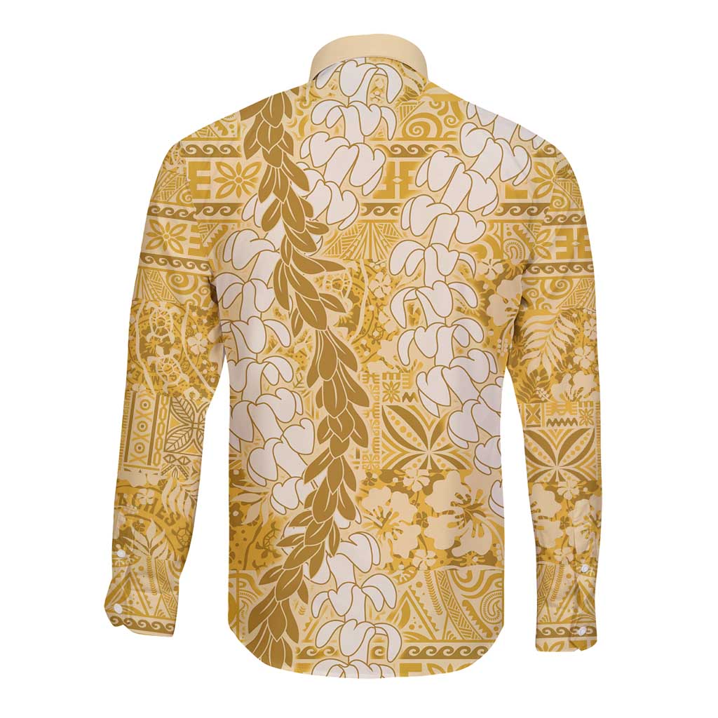 Gold Puakenikeni and Maile Lei Long Sleeve Button Shirt Hawaiian Style Tribal Tapa Double Strand Lei