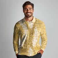 Gold Puakenikeni and Maile Lei Long Sleeve Polo Shirt Hawaiian Style Tribal Tapa Double Strand Lei