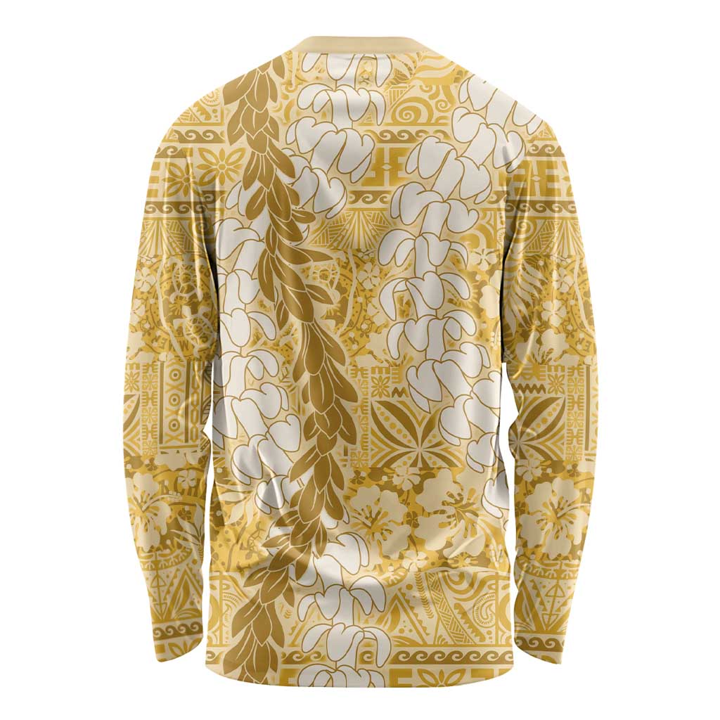 Gold Puakenikeni and Maile Lei Long Sleeve Shirt Hawaiian Style Tribal Tapa Double Strand Lei