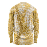 Gold Puakenikeni and Maile Lei Long Sleeve Shirt Hawaiian Style Tribal Tapa Double Strand Lei