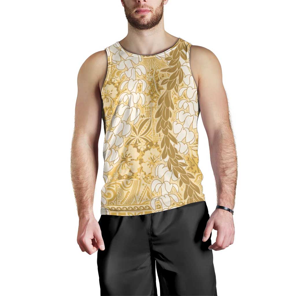 Gold Puakenikeni and Maile Lei Men Tank Top Hawaiian Style Tribal Tapa Double Strand Lei