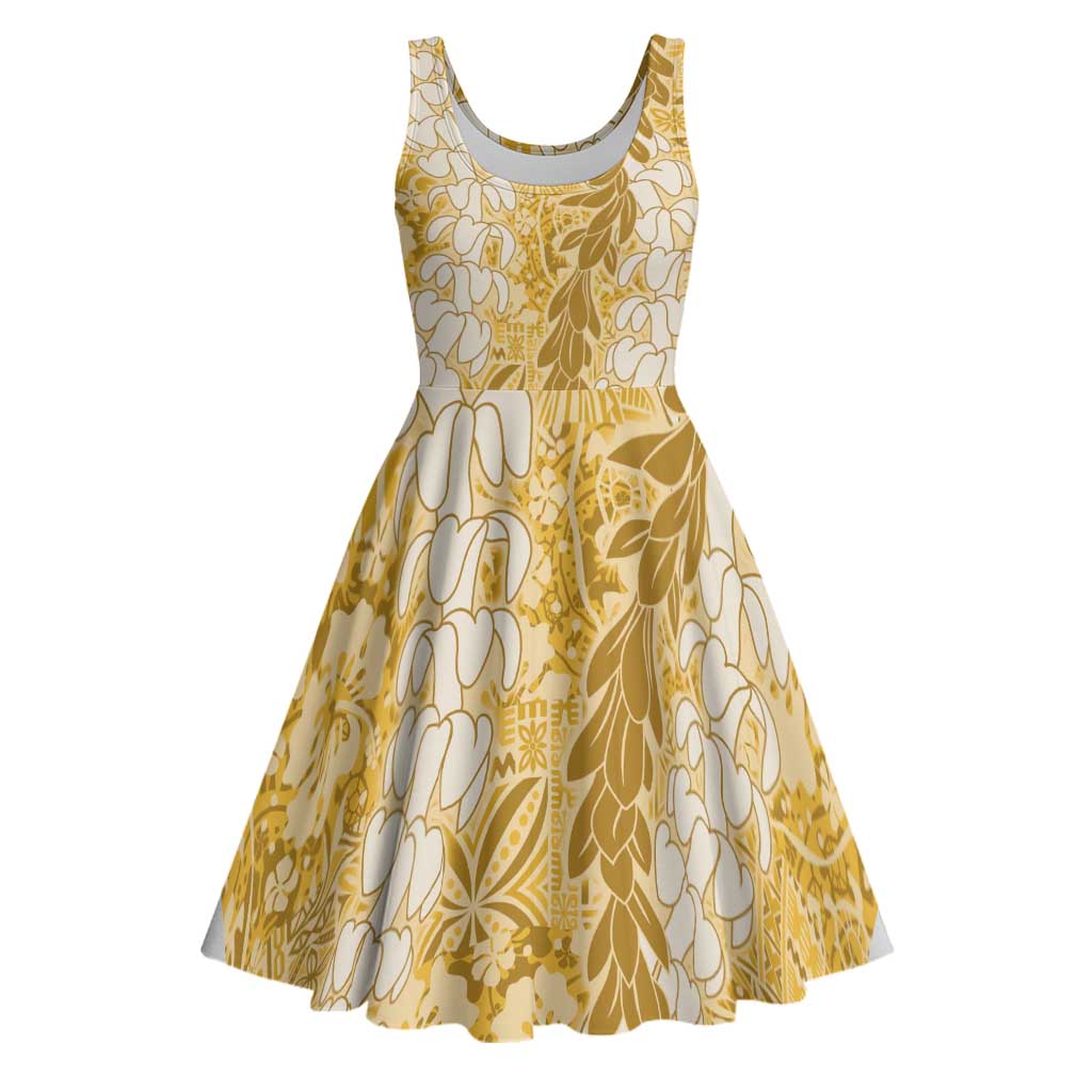 Gold Puakenikeni and Maile Lei Midi Dress Hawaiian Style Tribal Tapa Double Strand Lei - Polynesian Pride