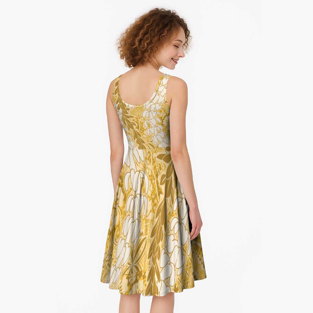 Gold Puakenikeni and Maile Lei Midi Dress Hawaiian Style Tribal Tapa Double Strand Lei - Polynesian Pride