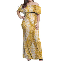 Gold Puakenikeni and Maile Lei Off Shoulder Maxi Dress Hawaiian Style Tribal Tapa Double Strand Lei