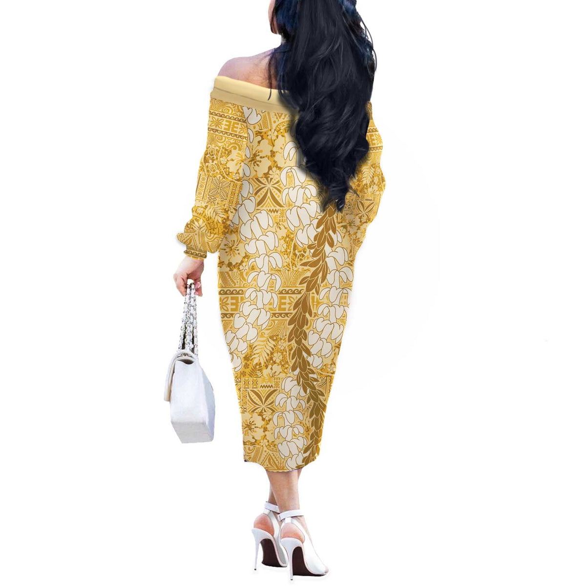Gold Puakenikeni and Maile Lei Off The Shoulder Long Sleeve Dress Hawaiian Style Tribal Tapa Double Strand Lei