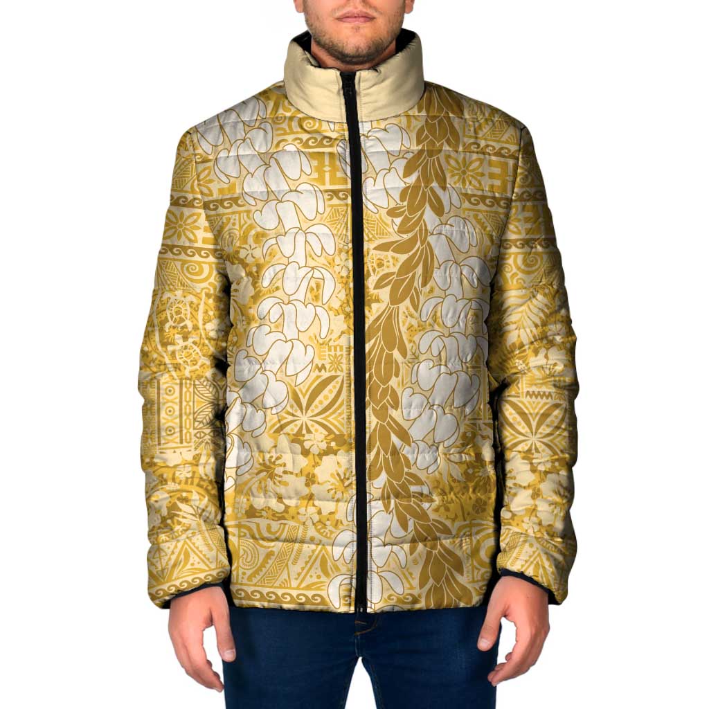 Gold Puakenikeni and Maile Lei Padded Jacket Hawaiian Style Tribal Tapa Double Strand Lei - Polynesian Pride