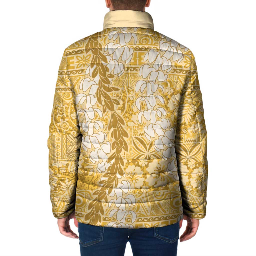 Gold Puakenikeni and Maile Lei Padded Jacket Hawaiian Style Tribal Tapa Double Strand Lei - Polynesian Pride