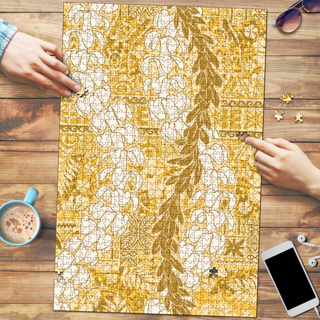 Gold Puakenikeni and Maile Lei Puzzle Hawaiian Style Tribal Tapa Double Strand Lei - Polynesian Pride