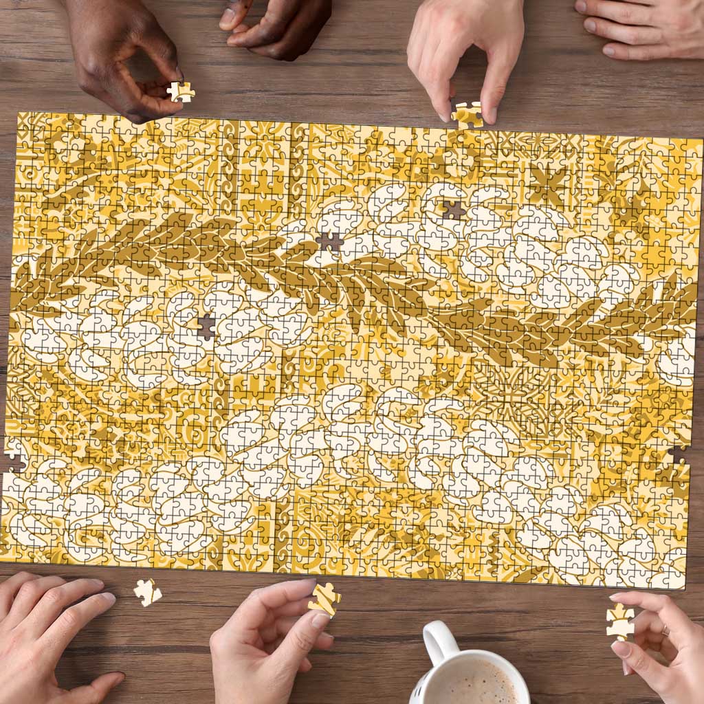 Gold Puakenikeni and Maile Lei Puzzle Hawaiian Style Tribal Tapa Double Strand Lei - Polynesian Pride