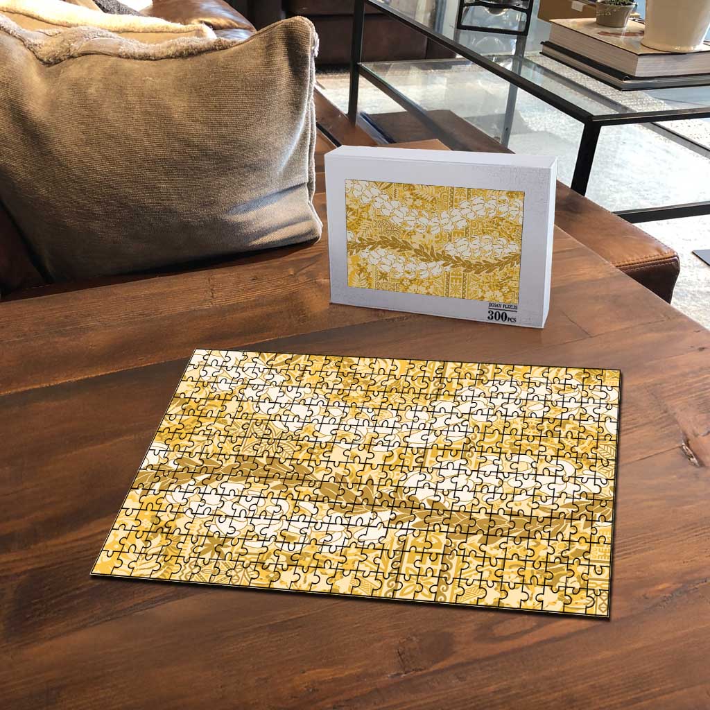 Gold Puakenikeni and Maile Lei Puzzle Hawaiian Style Tribal Tapa Double Strand Lei - Polynesian Pride