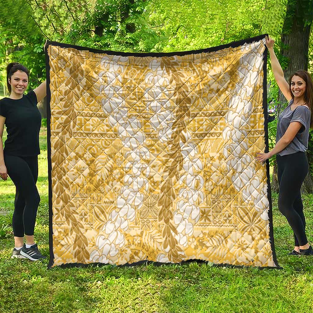 Gold Puakenikeni and Maile Lei Quilt Hawaiian Style Tribal Tapa Double Strand Lei