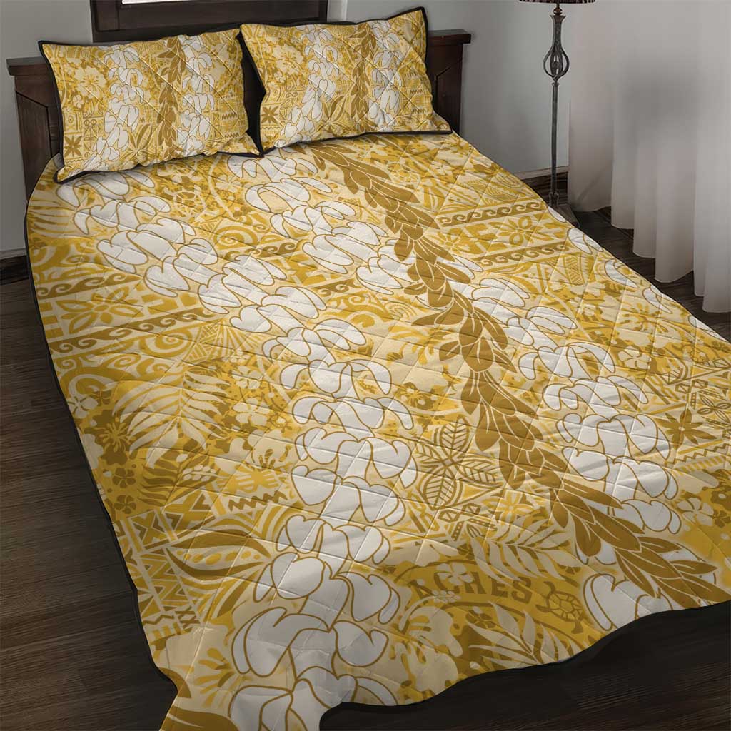 Gold Puakenikeni and Maile Lei Quilt Bed Set Hawaiian Style Tribal Tapa Double Strand Lei