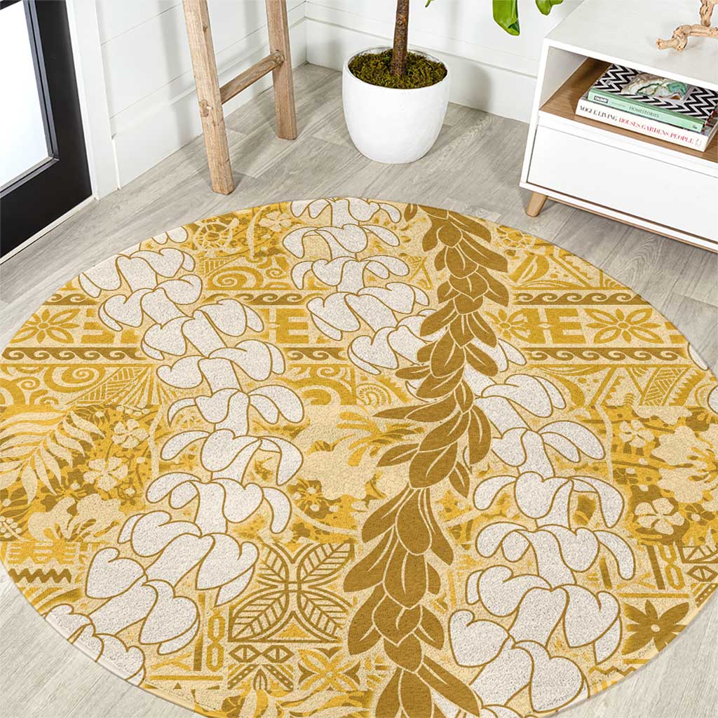 Gold Puakenikeni and Maile Lei Round Carpet Hawaiian Style Tribal Tapa Double Strand Lei