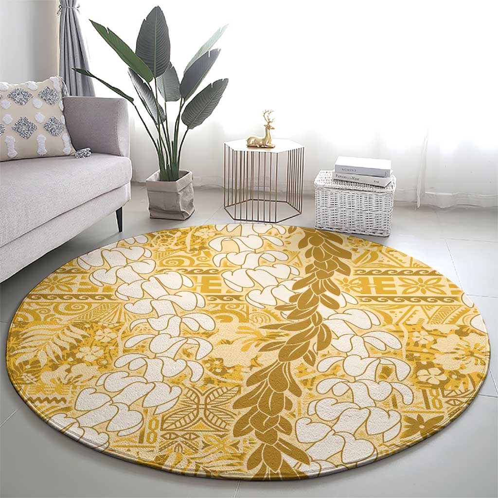 Gold Puakenikeni and Maile Lei Round Carpet Hawaiian Style Tribal Tapa Double Strand Lei
