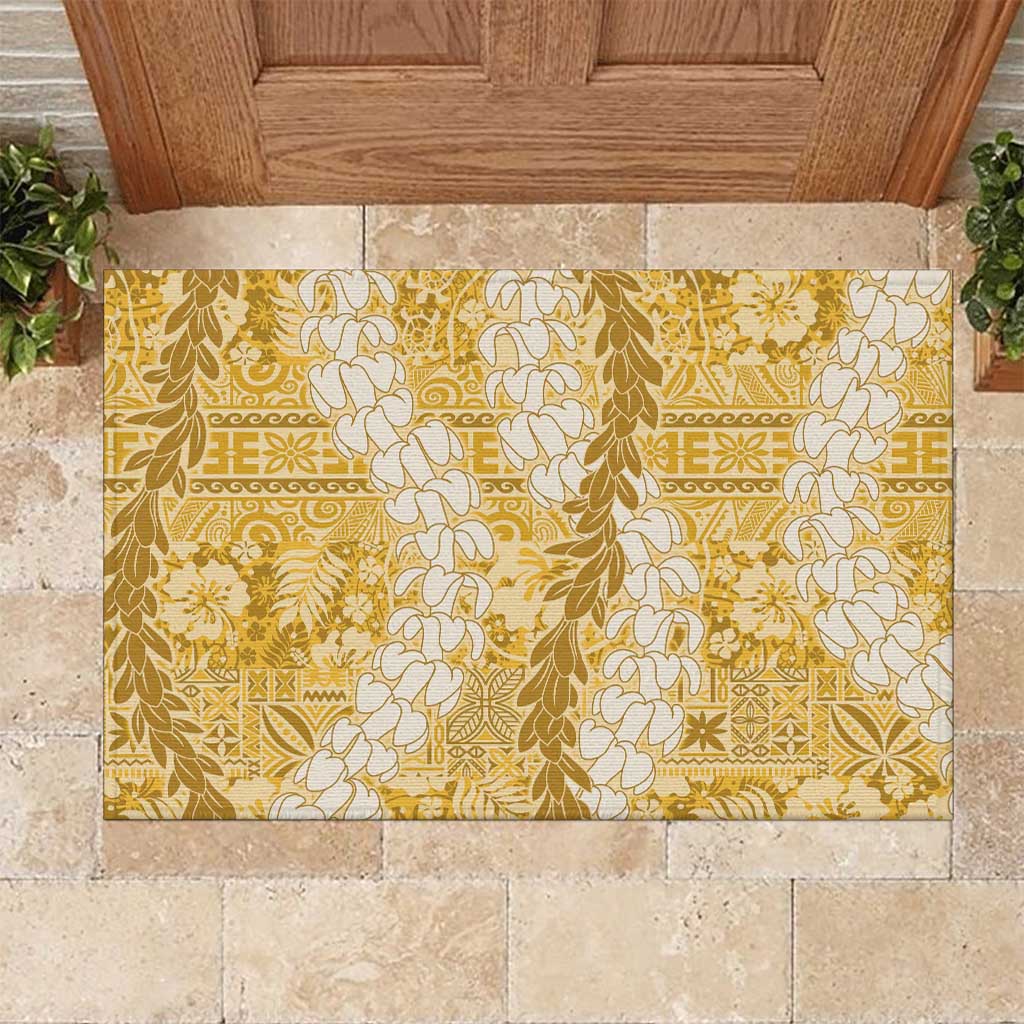 Gold Puakenikeni and Maile Lei Rubber Doormat Hawaiian Style Tribal Tapa Double Strand Lei