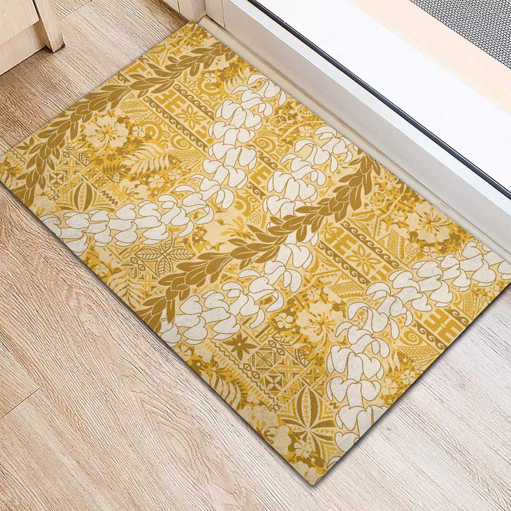 Gold Puakenikeni and Maile Lei Rubber Doormat Hawaiian Style Tribal Tapa Double Strand Lei